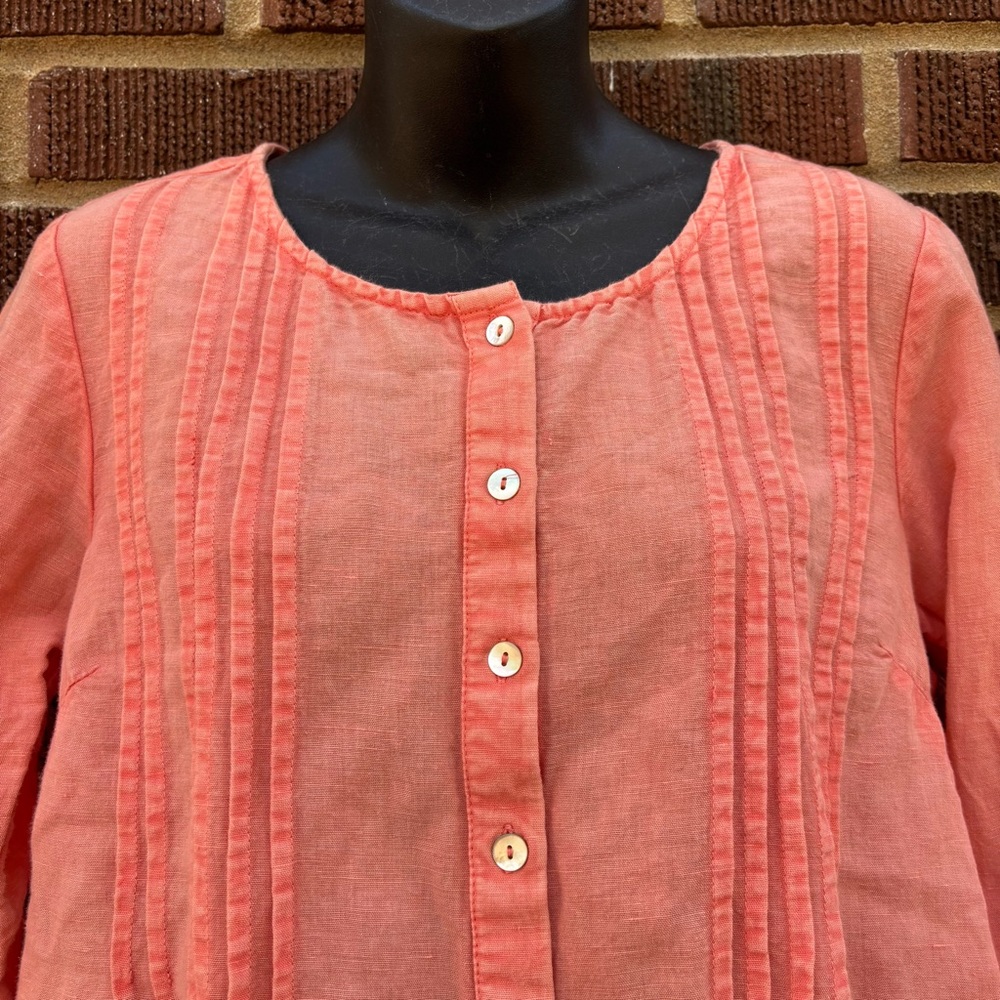 April Cornell Size S Coral Orange Linen Blend 3/4 Sleeve Hi Lo Hem Tunic Blouse - Picture 3 of 8